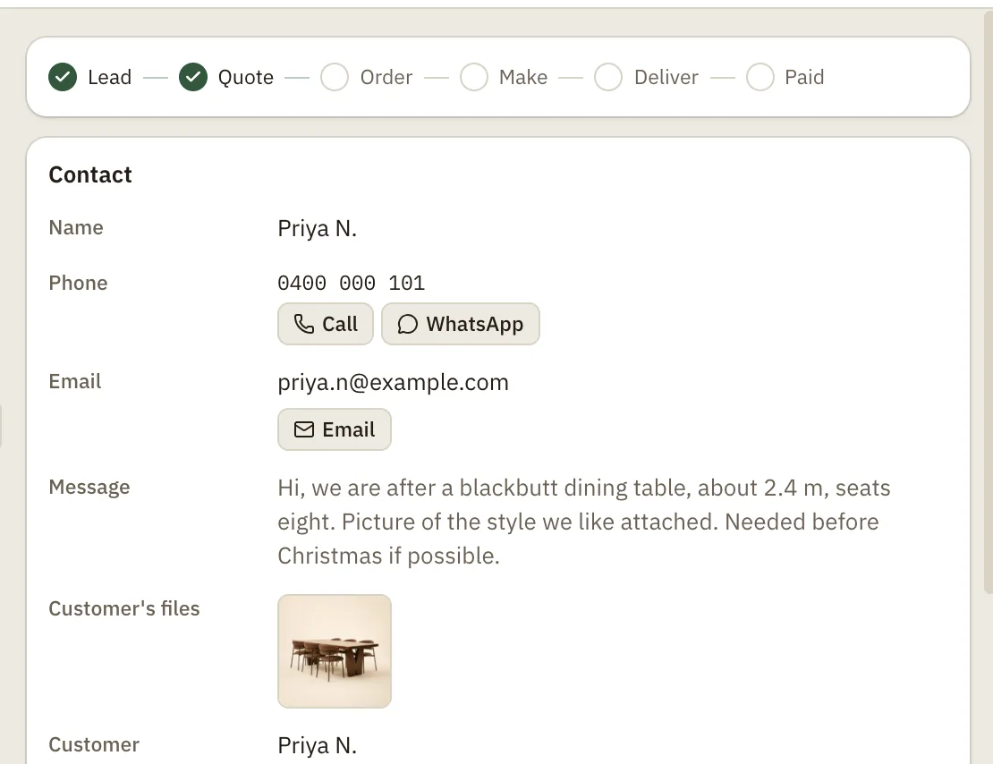 A made-up website enquiry open in the portal, with the customer's message and the picture they attached