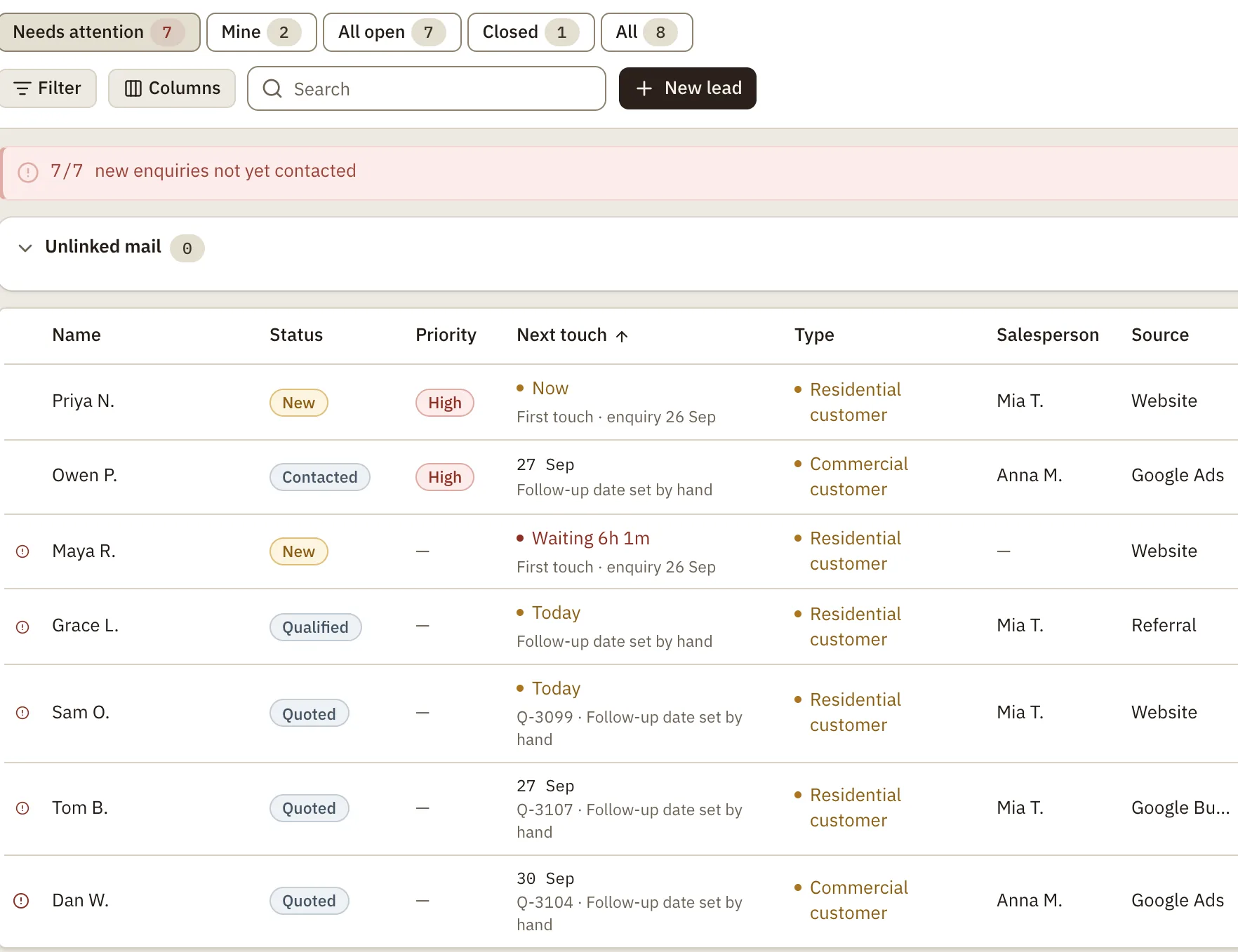 The team portal's Leads list: made-up enquiries with their status, next touch, salesperson and source