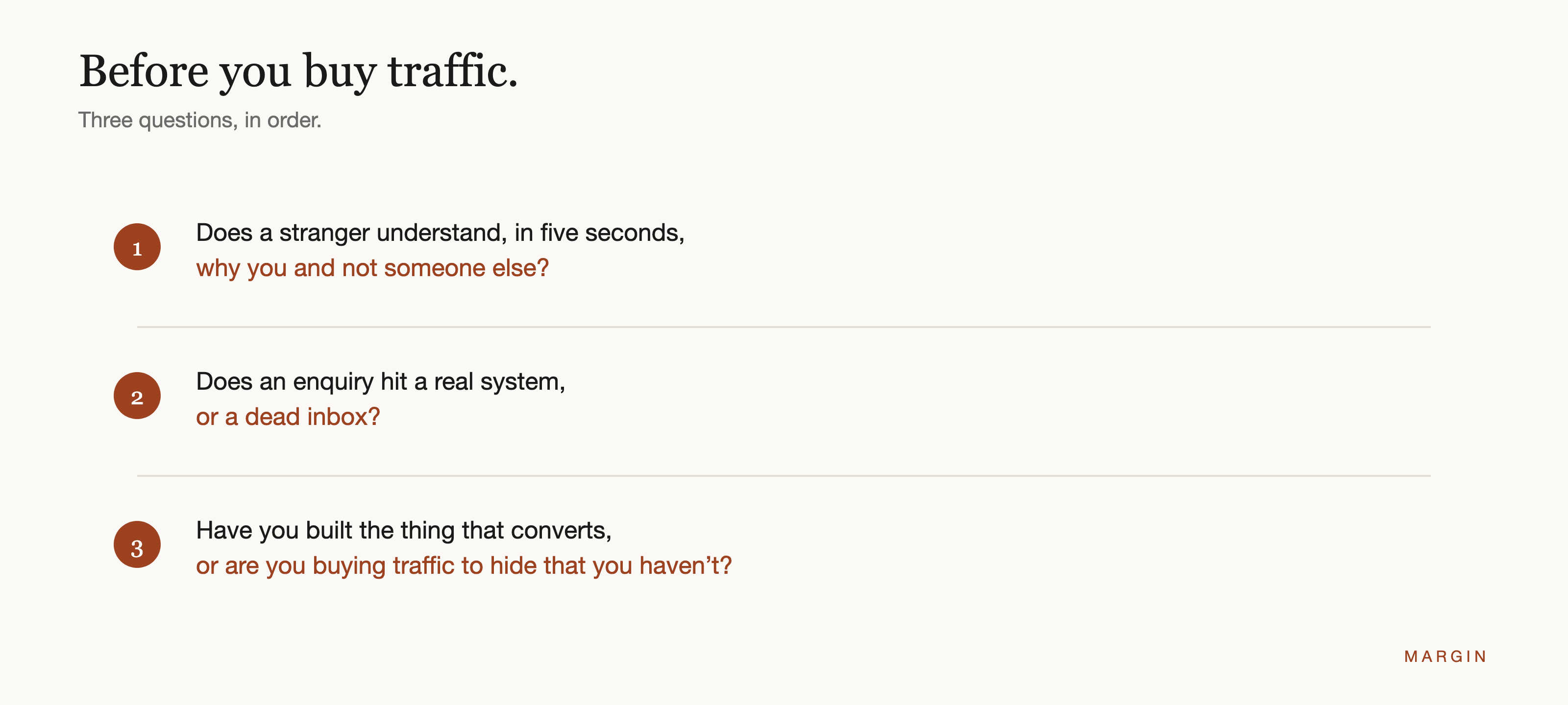 A pre-ads checklist card with three questions. One: does a stranger understand in five seconds why you and not someone else. Two: does an enquiry hit a real system or a dead inbox. Three: have you built the thing that converts, or are you buying traffic to hide that you haven't.